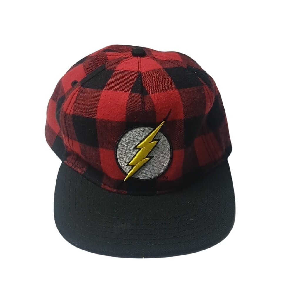 DC Comics The Flash Snapback Hat Mens OSFM Red Black Buffalo Plaid Flat Bill Cap
